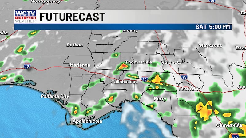 Scattered showers and storms on Saturday afternoon.