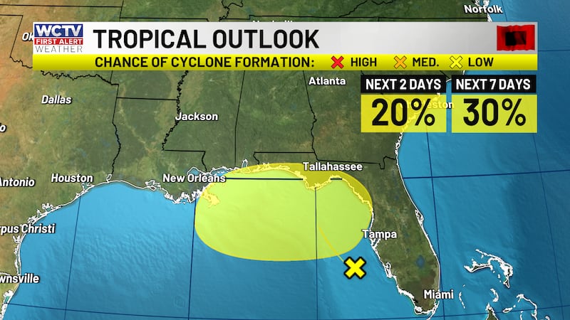 Some showers and storms from an upper low that has a chance of developing into a tropical system.
